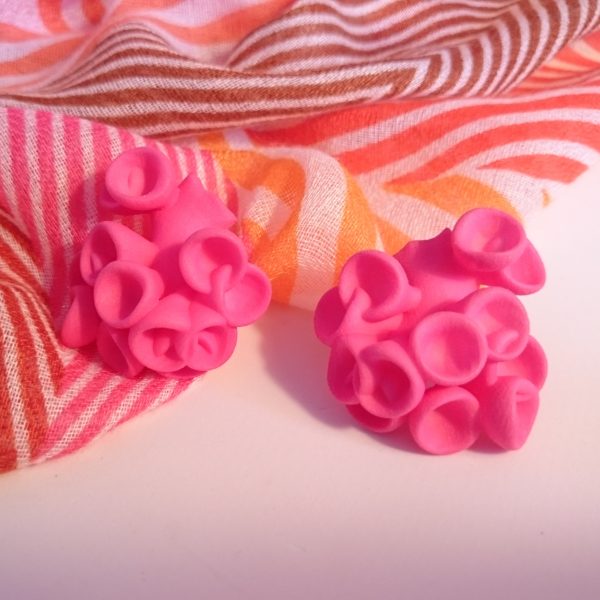 Bud Earrings by Ann Marie Shillito, 3D printed in polyamide and dyed in pink