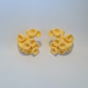 Bud Earrings by Ann Marie Shillito, 3D printed in polyamide and dyed sunny cheerful yellow.