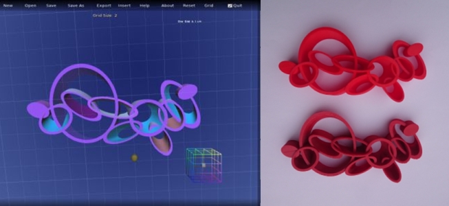 These two images show the start of the creative process for a 3D printed brooch: first is a screen capture of the 3D digital model made up of circles and ovals of different sizes and shapes. Second image is of two 3D printed prototypes in different red filaments, to test for size and print quality.