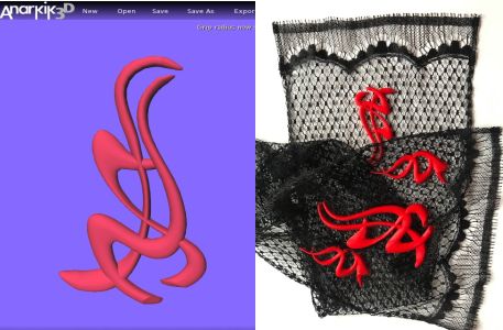 The image in Sustainable Me [3] post, shows a digital 3D design made up of 3 flowing forms, red on a blue background. This motif is 3D printed in red filament on beautiful black designer deadstock lacy fabric to make a scarf. The black which shows off the red 3D printed flowing caligraphic forms digitally designed using Anarkik3DDesign, a haptic 3D modelling programme.