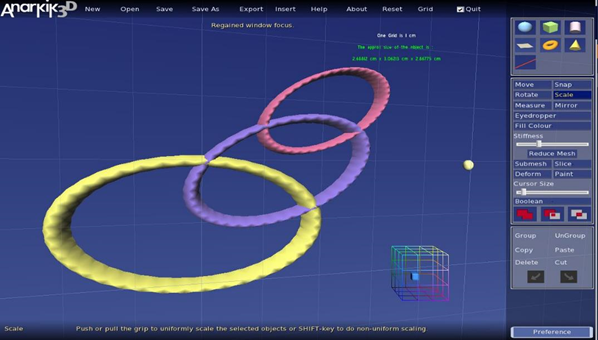 Sustainable Me! Screen capture showing a digital model created using Anarkik3DDesign. A torus (donut) reforms into a skinny one, is scaled into an oval, copy/pasted twice, each oval scaled down, heights adjusted, moved to overlap and rotated a bit, This will be 3D printed in pink filament on to white lace.