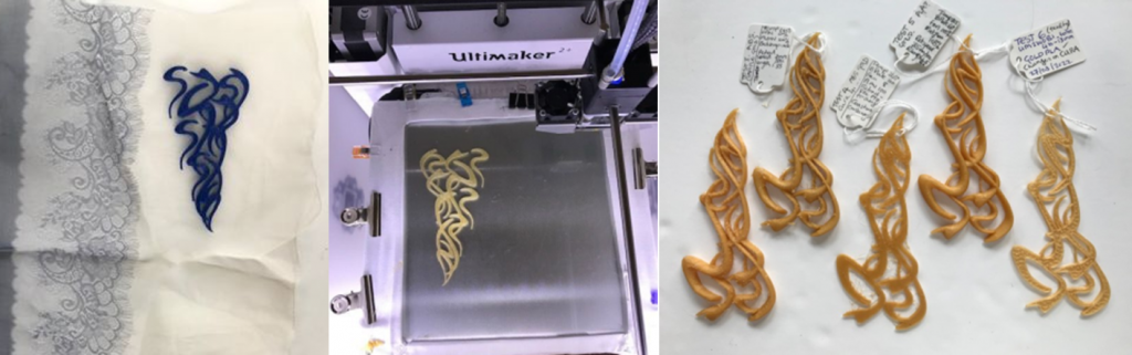 This image in Sustainable Me post is a composite 3D printed tests in blue and gold filament of a design which is a lighter and more complex form of overlapping flowing squiggles to go on organza with delicate printed and coloured patterns.